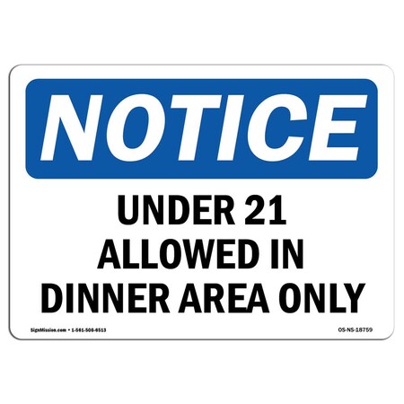 Signmission Safety Sign, OSHA Notice, 7" Height, 10" Width, Under 21 Allowed In Dining Area Only Sign, Landscape OS-NS-D-710-L-18759